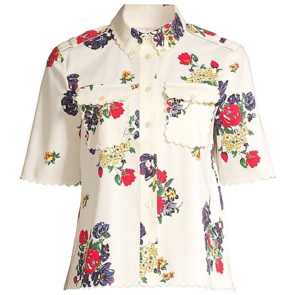 Tory Burch Floral Scalloped White Blouse